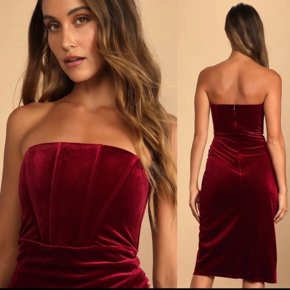 Lulu’s Glamorous Celebrations Wine Red Velvet Strapless Tulip Dress - Picture 2 of 10